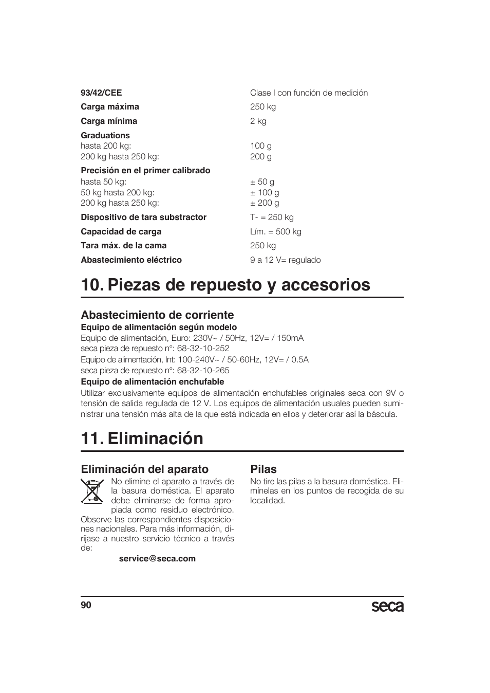 Piezas de repuesto y accesorios, Abastecimiento de corriente, Eliminación | Eliminación del aparato, Pilas | Seca 985 User Manual | Page 90 / 239
