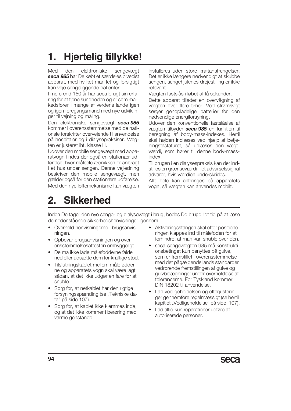Dansk, Hjertelig tillykke, Sikkerhed | Seca 985 User Manual | Page 94 / 239