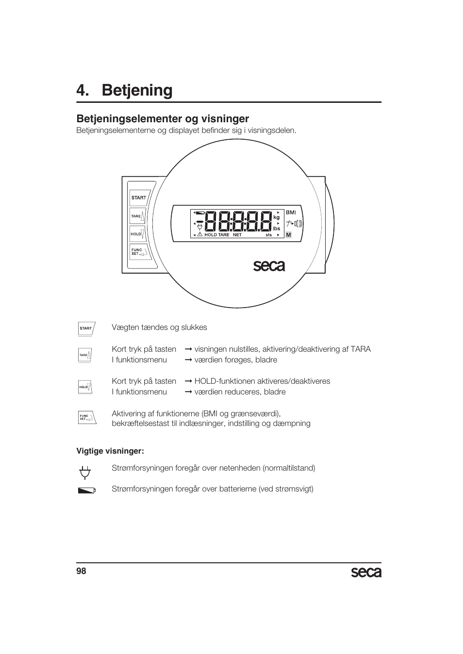 Betjening, Betjeningselementer og visninger | Seca 985 User Manual | Page 98 / 239