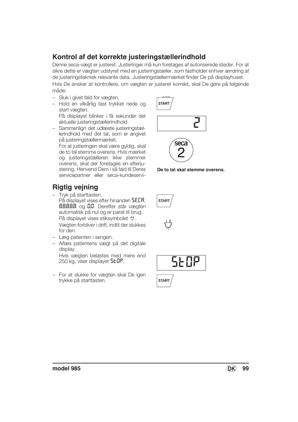 Kontrol af det korrekte justeringstællerindhold, Rigtig vejning | Seca 985 User Manual | Page 99 / 239