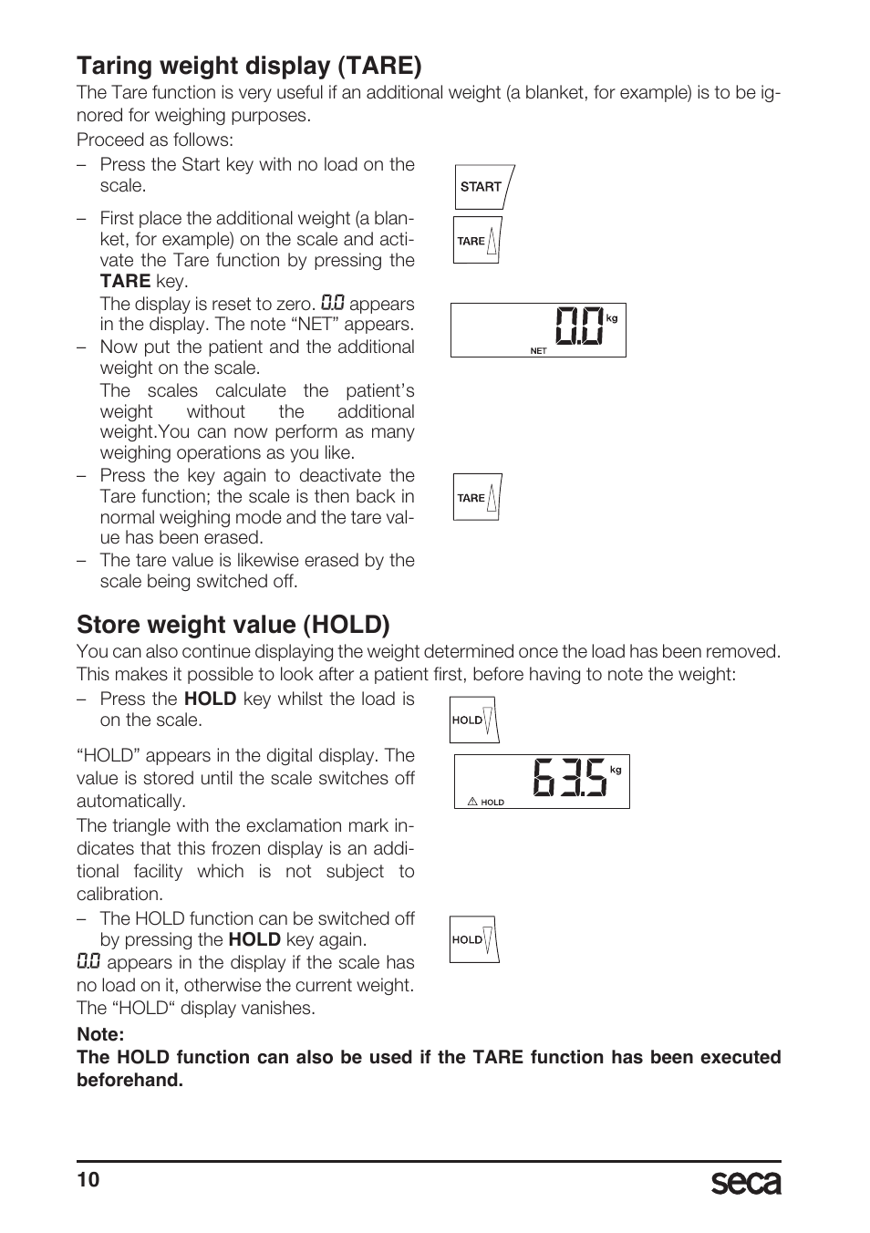 Taring weight display (tare), Store weight value (hold) | Seca 955 User Manual | Page 10 / 19