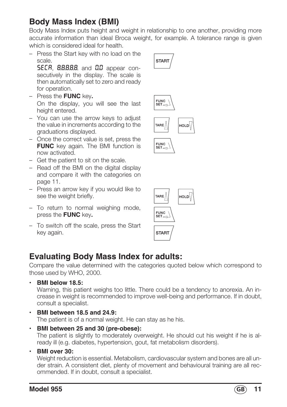 Body mass index (bmi), Evaluating body mass index for adults | Seca 955 User Manual | Page 11 / 19
