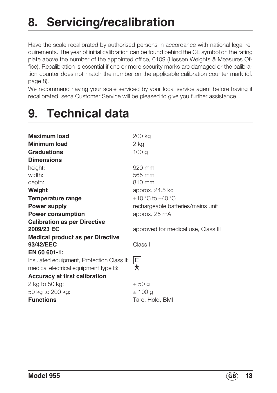 Servicing/recalibration, Technical data | Seca 955 User Manual | Page 13 / 19
