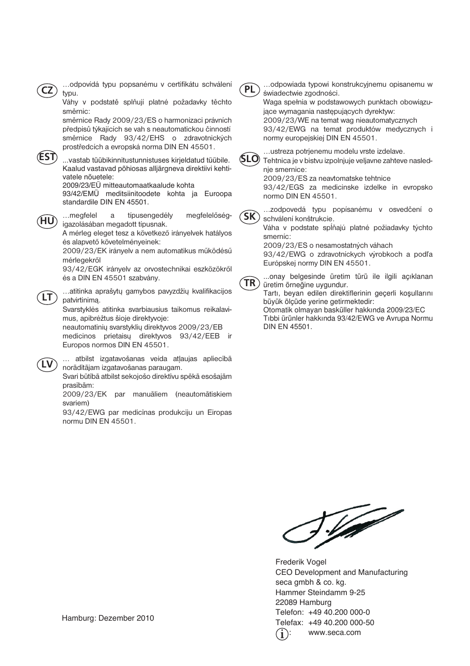 Cz est hu lt lv pl slo sk tr | Seca 955 User Manual | Page 19 / 19