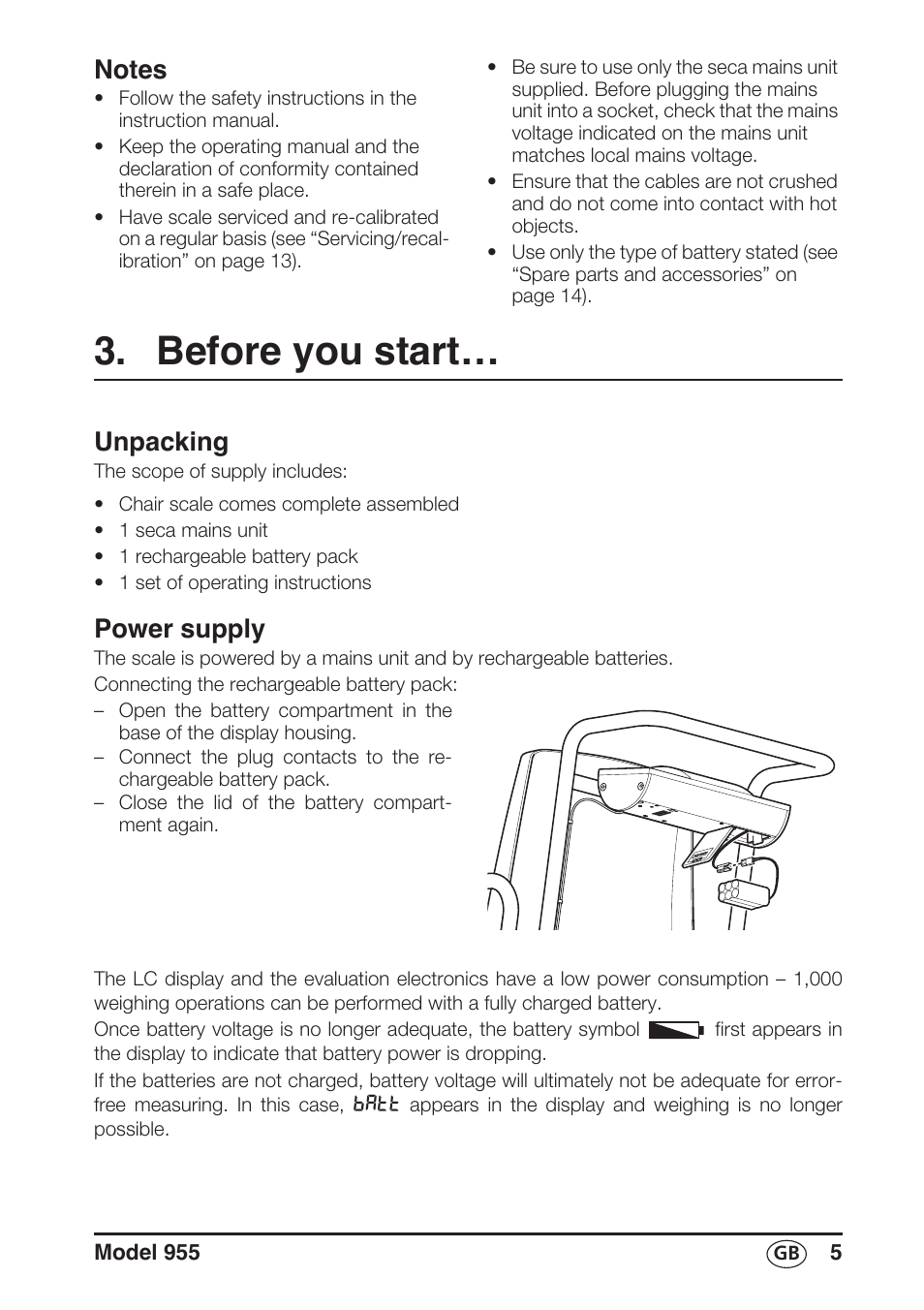 Notes, Before you start, Unpacking | Power supply | Seca 955 User Manual | Page 5 / 19