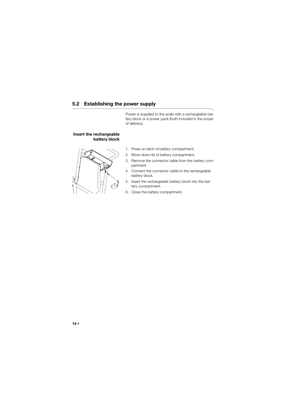 2 establishing the power supply, Insert the rechargeable battery block, Insert the rechargeable battery | Block | Seca 955 User Manual | Page 14 / 35