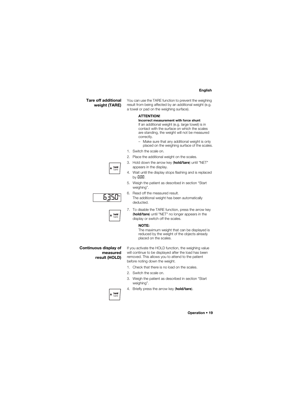 Tare off additional weight (tare), Continuous display of measured result (hold) | Seca 955 User Manual | Page 19 / 35