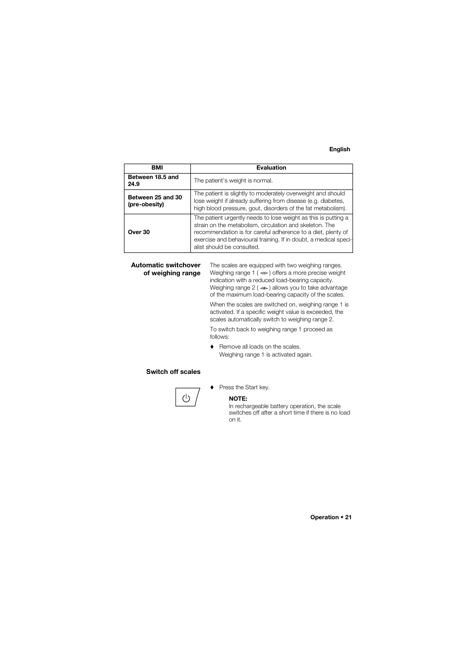 Automatic switchover of weighing range, Switch off scales, 21 switch off scales | Seca 955 User Manual | Page 21 / 35