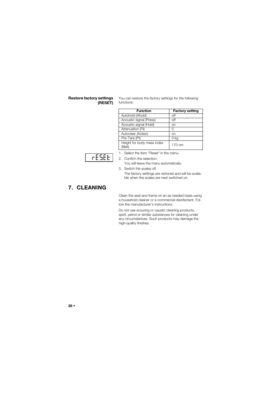 Restore factory settings (reset), Cleaning | Seca 955 User Manual | Page 26 / 35