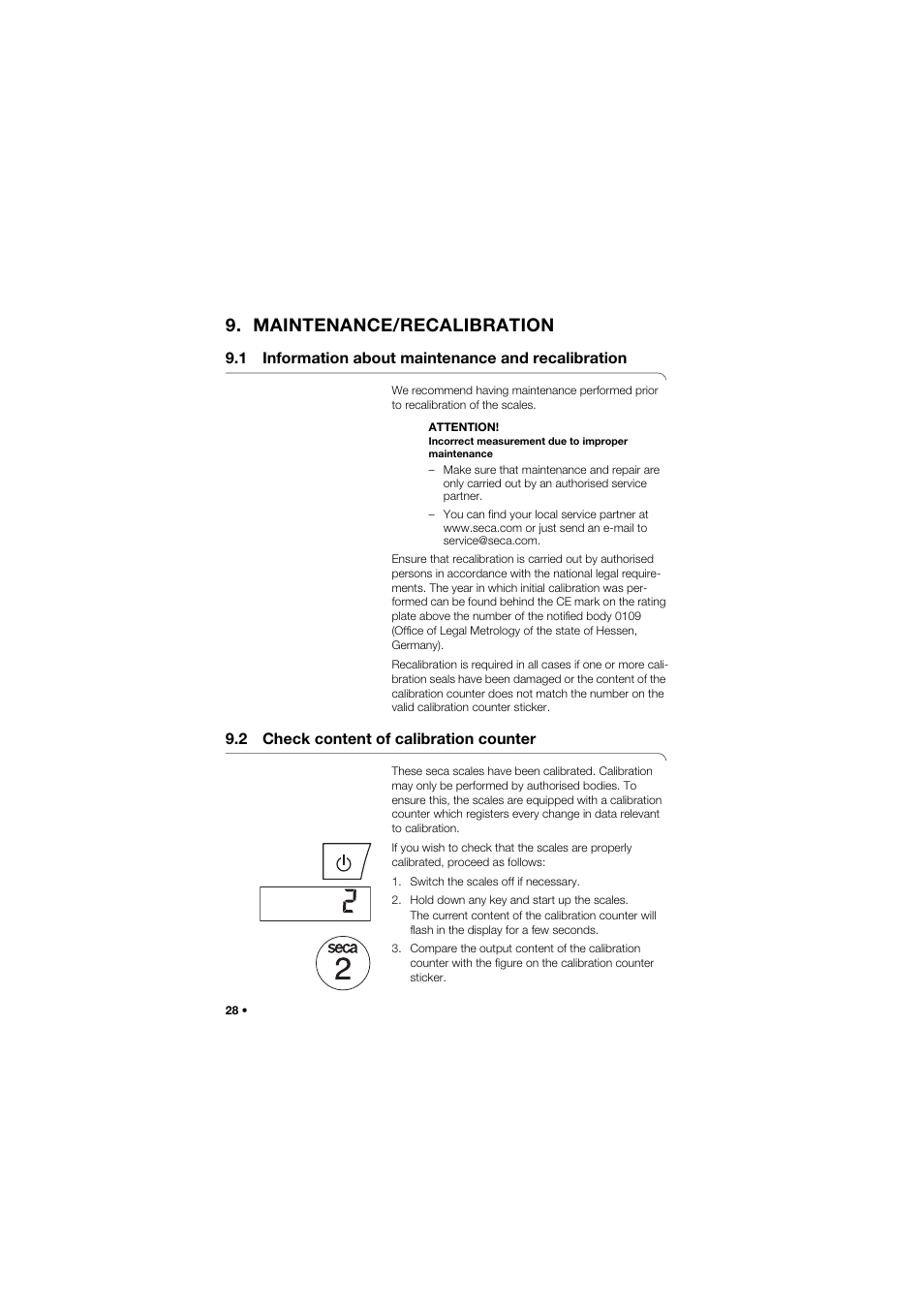 Maintenance/recalibration, 1 information about maintenance and recalibration, 2 check content of calibration counter | 1 information about, Maintenance and recalibration, 2 check content of calibration, Counter | Seca 955 User Manual | Page 28 / 35