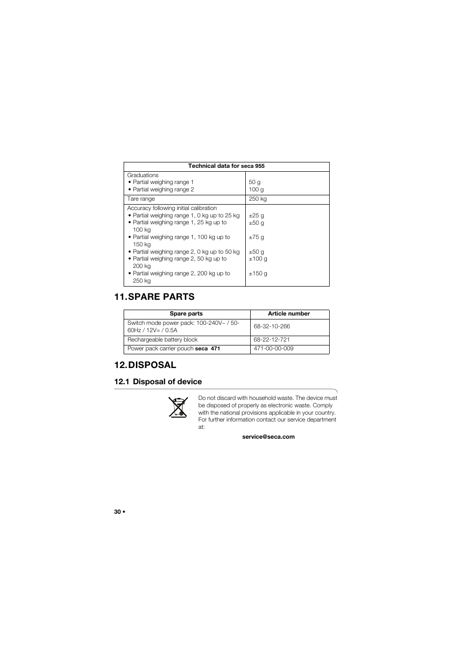Spare parts, Disposal, 1 disposal of device | Spare parts 12.disposal | Seca 955 User Manual | Page 30 / 35