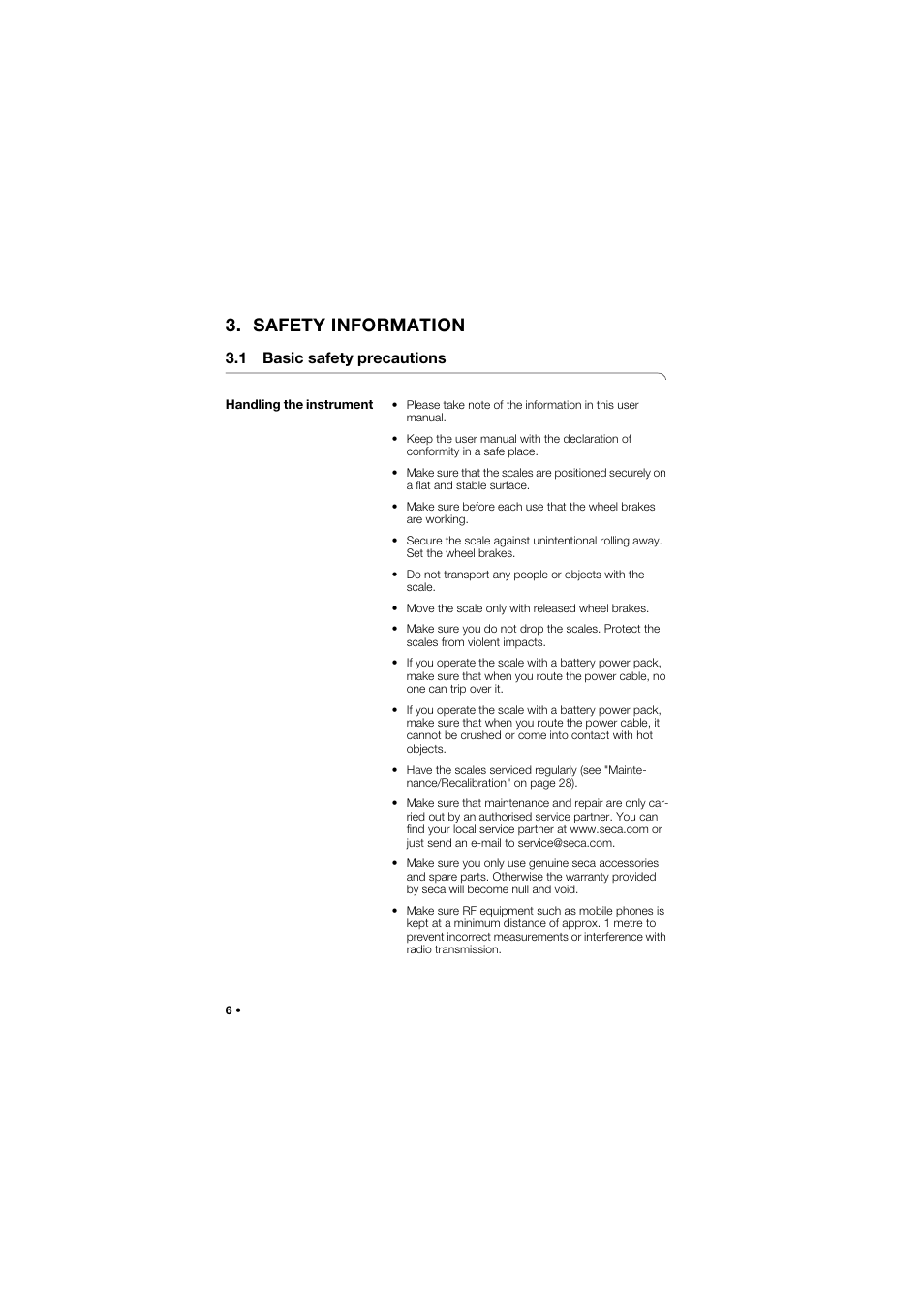 Safety information, 1 basic safety precautions, Handling the instrument | Seca 955 User Manual | Page 6 / 35