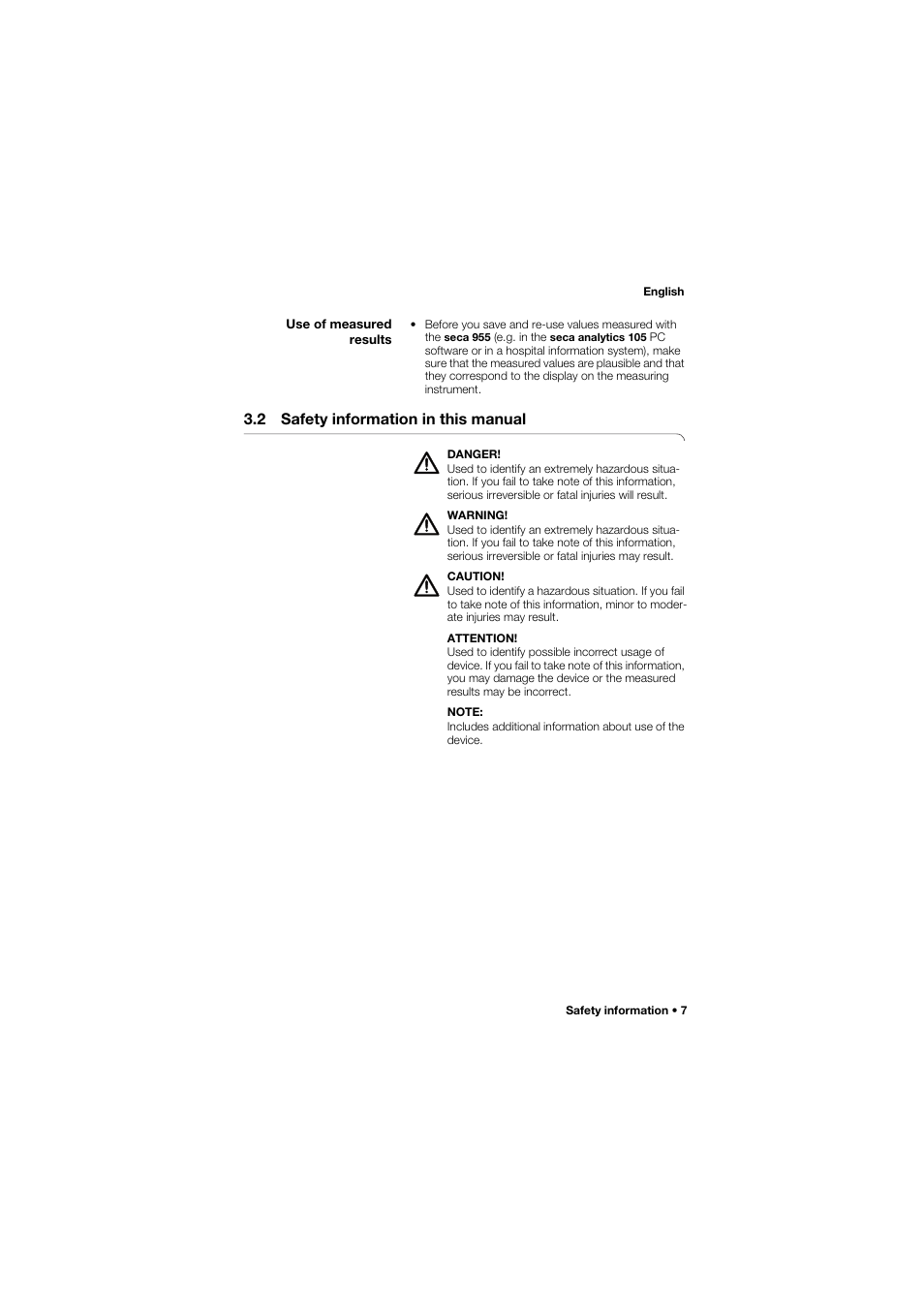 Use of measured results, 2 safety information in this manual, 2 safety information in this | Manual | Seca 955 User Manual | Page 7 / 35
