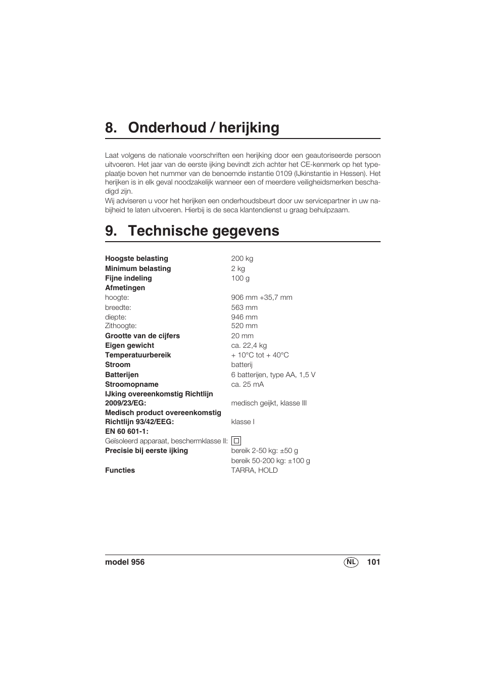 Onderhoud / herijking, Technische gegevens | Seca 956 User Manual | Page 101 / 136