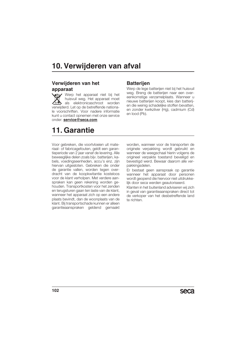 Verwijderen van afval, Verwijderen van het apparaat, Batterijen | Garantie | Seca 956 User Manual | Page 102 / 136