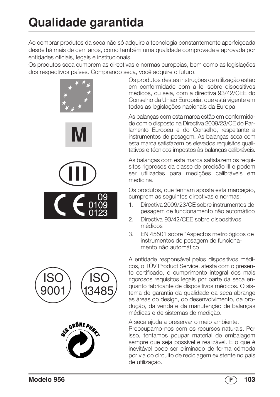 Português, Qualidade garantida | Seca 956 User Manual | Page 103 / 136