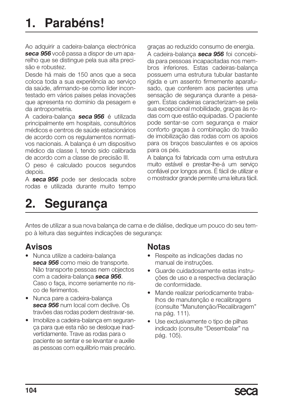 Parabéns, Segurança, Avisos | Notas | Seca 956 User Manual | Page 104 / 136