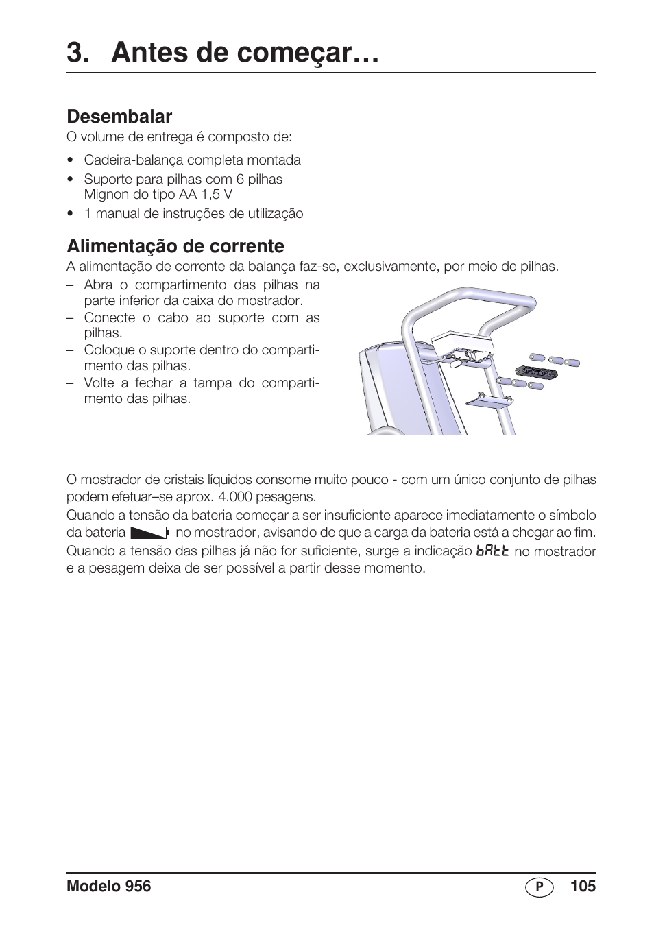 Antes de começar, Desembalar, Alimentação de corrente | Seca 956 User Manual | Page 105 / 136