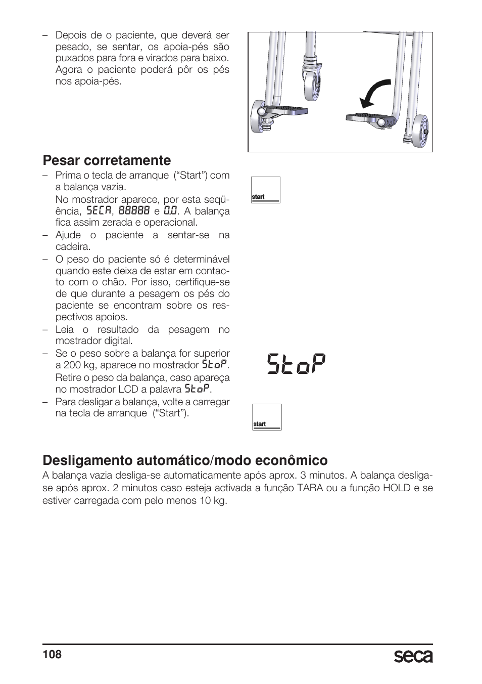 Pesar corretamente, Desligamento automático/modo econômico, Stop | Seca 956 User Manual | Page 108 / 136
