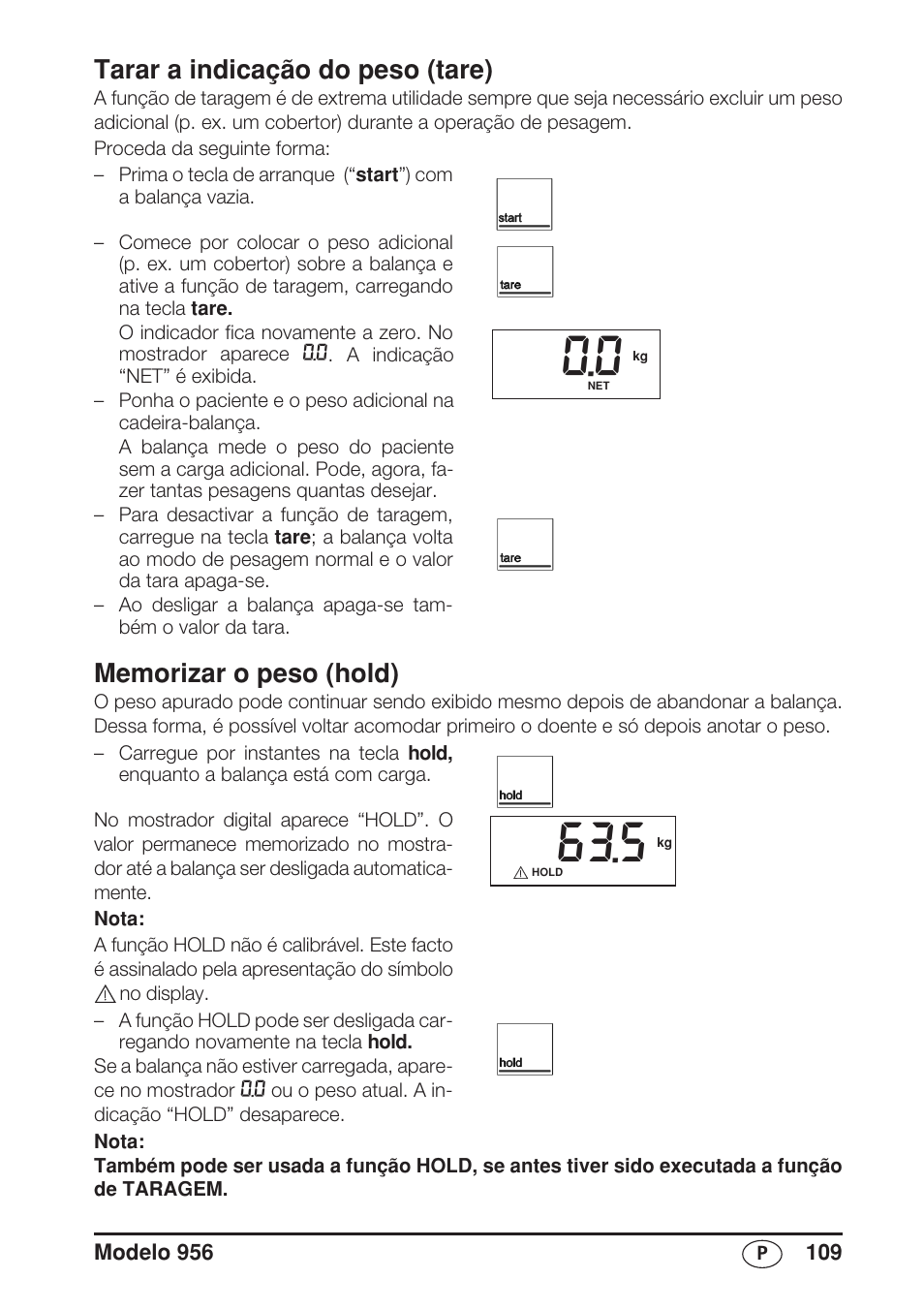 Tarar a indicação do peso (tare), Memorizar o peso (hold) | Seca 956 User Manual | Page 109 / 136