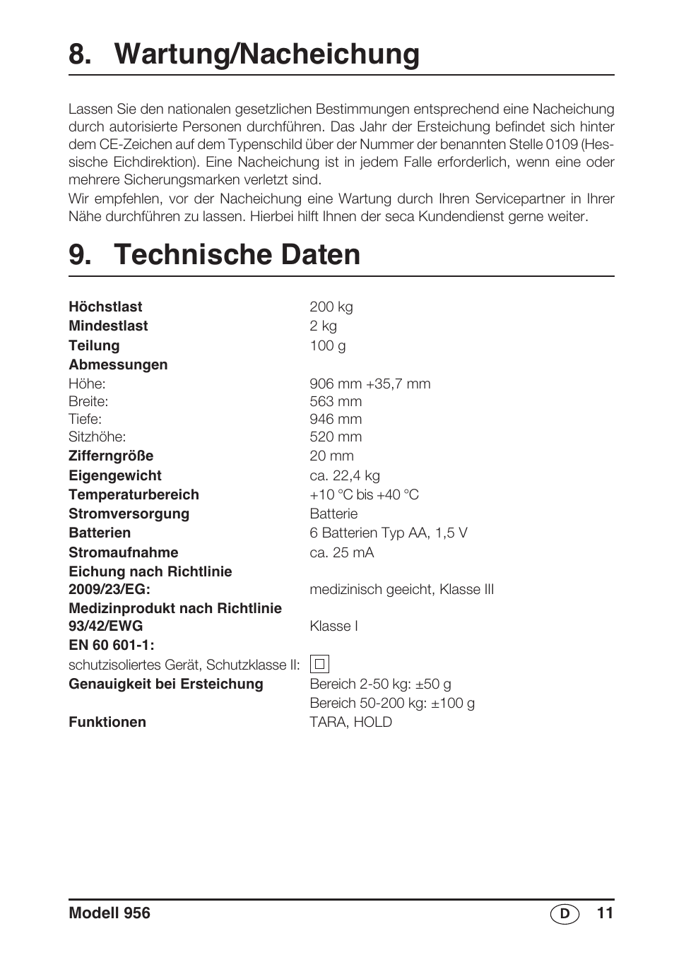 Wartung/nacheichung, Technische daten | Seca 956 User Manual | Page 11 / 136