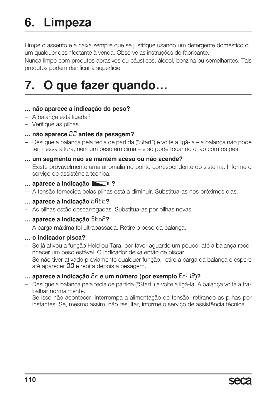 Limpeza, O que fazer quando | Seca 956 User Manual | Page 110 / 136