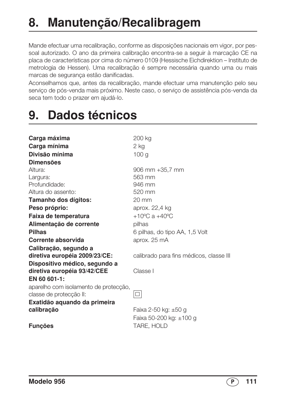 Manutenção/recalibragem, Dados técnicos | Seca 956 User Manual | Page 111 / 136