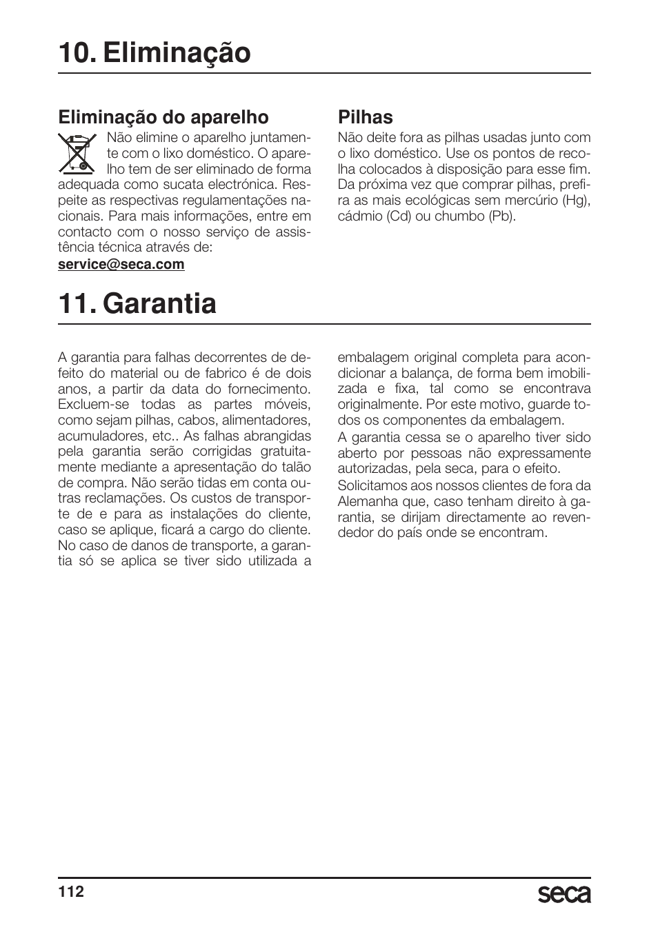 Eliminação, Eliminação do aparelho, Pilhas | Garantia | Seca 956 User Manual | Page 112 / 136