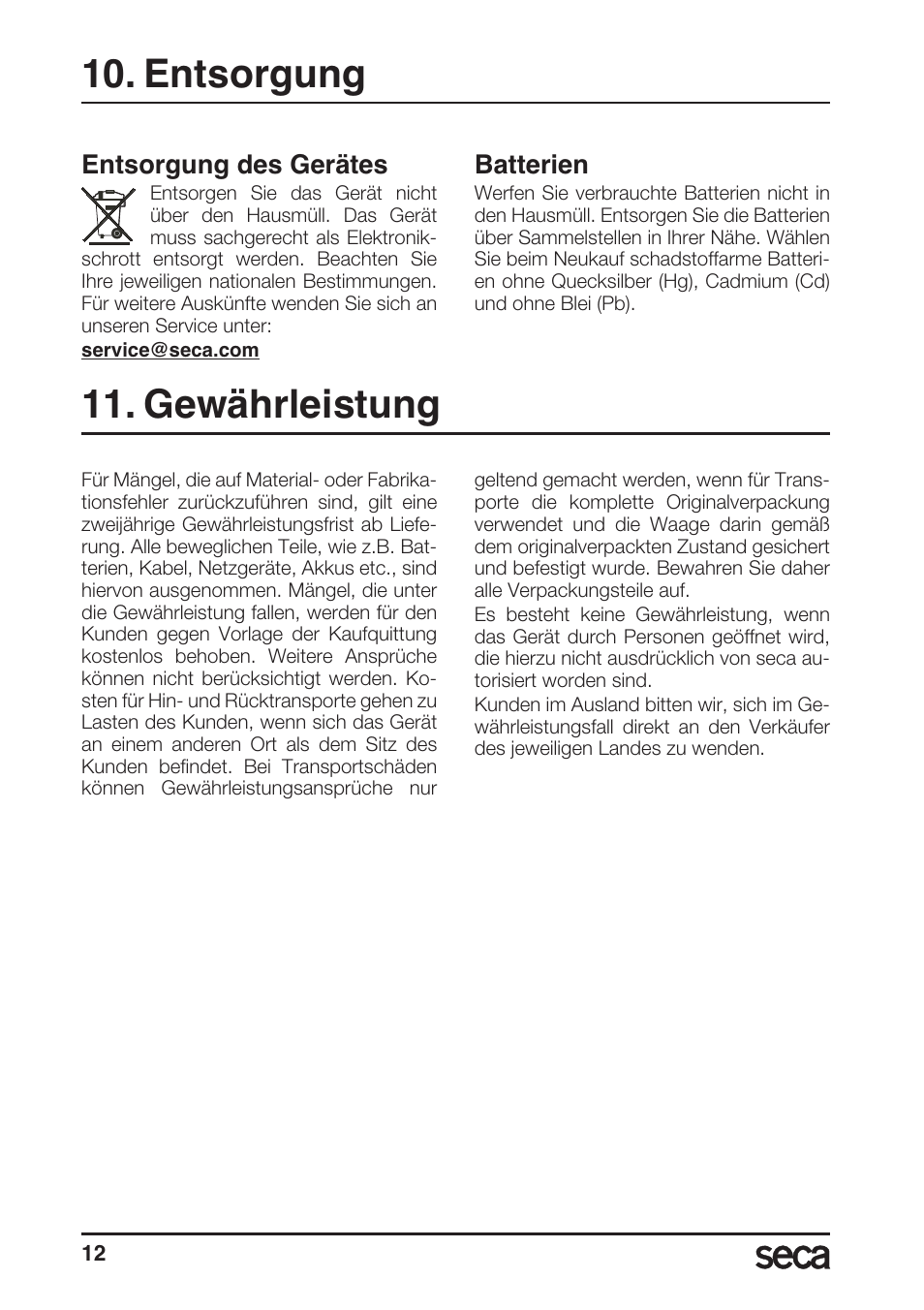 Entsorgung, Entsorgung des gerätes, Batterien | Gewährleistung | Seca 956 User Manual | Page 12 / 136