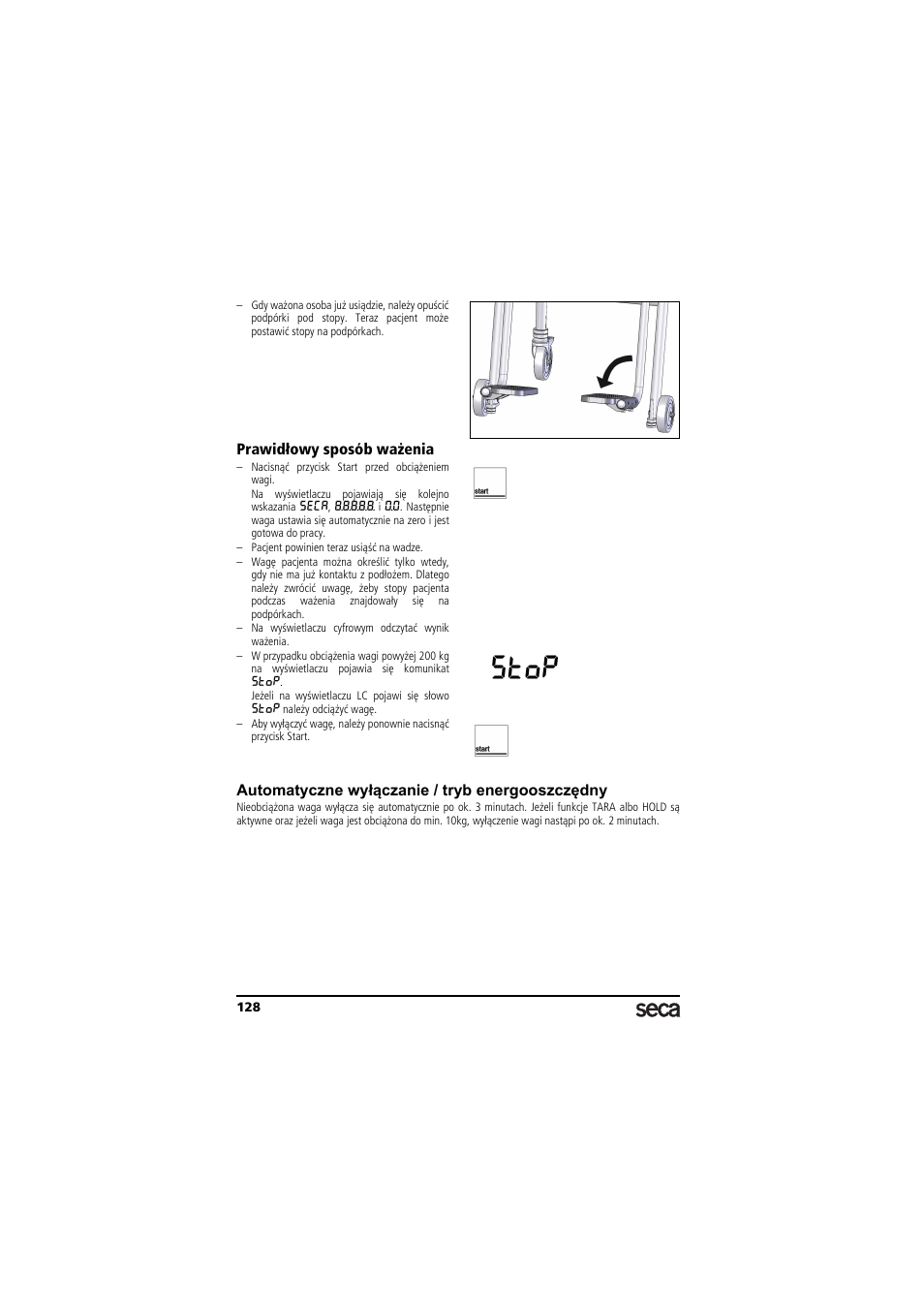 Prawidłowy sposób ważenia, Automatyczne wyłączanie / tryb energooszczędny, Stop | Seca 956 User Manual | Page 128 / 136