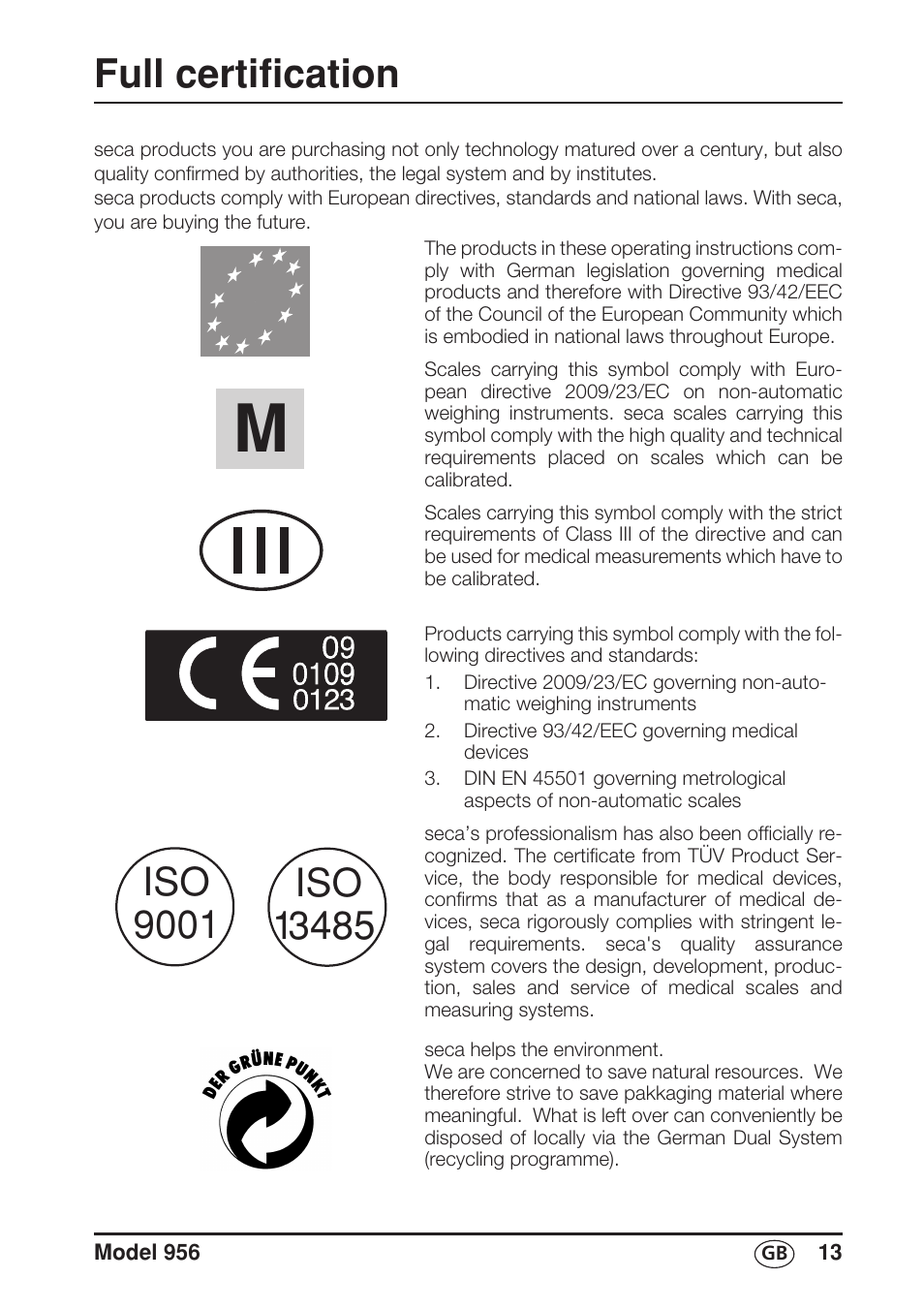 English, Full certification | Seca 956 User Manual | Page 13 / 136