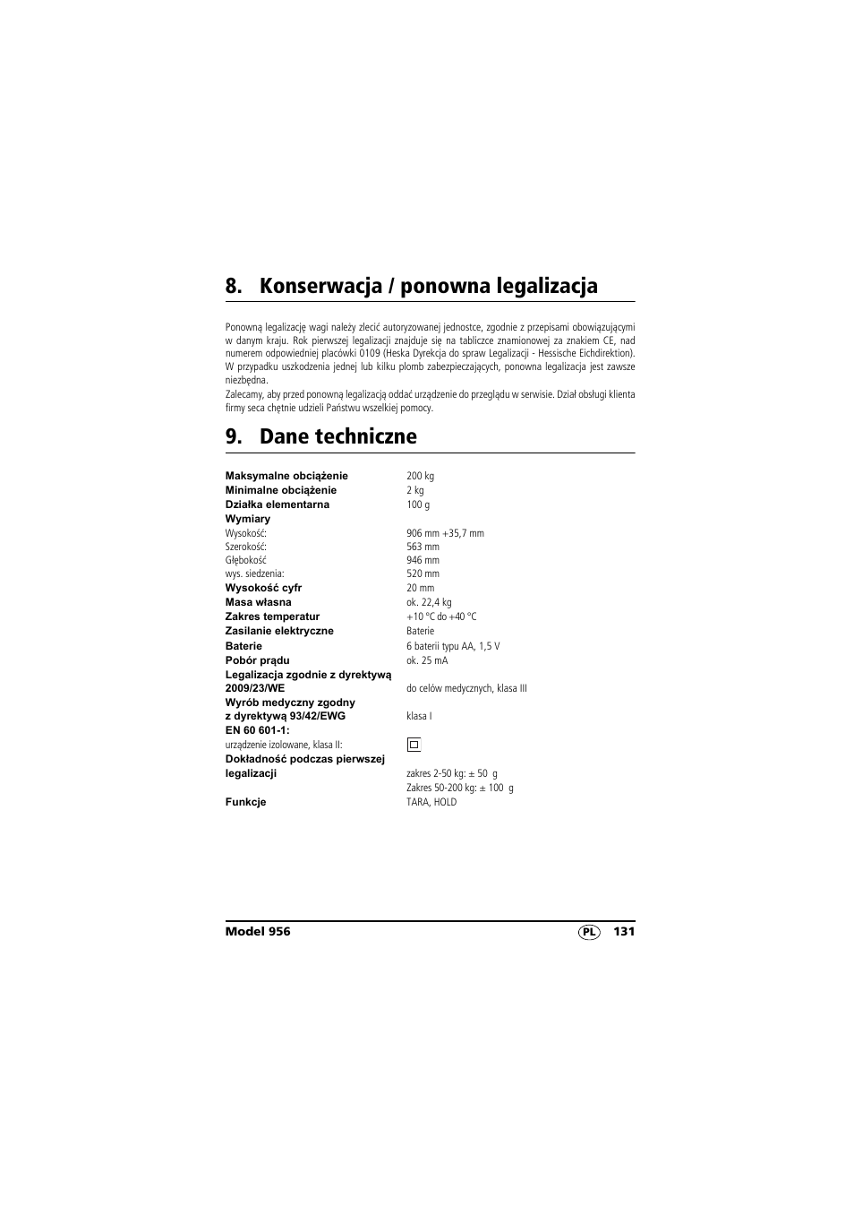 Konserwacja / ponowna legalizacja, Dane techniczne | Seca 956 User Manual | Page 131 / 136