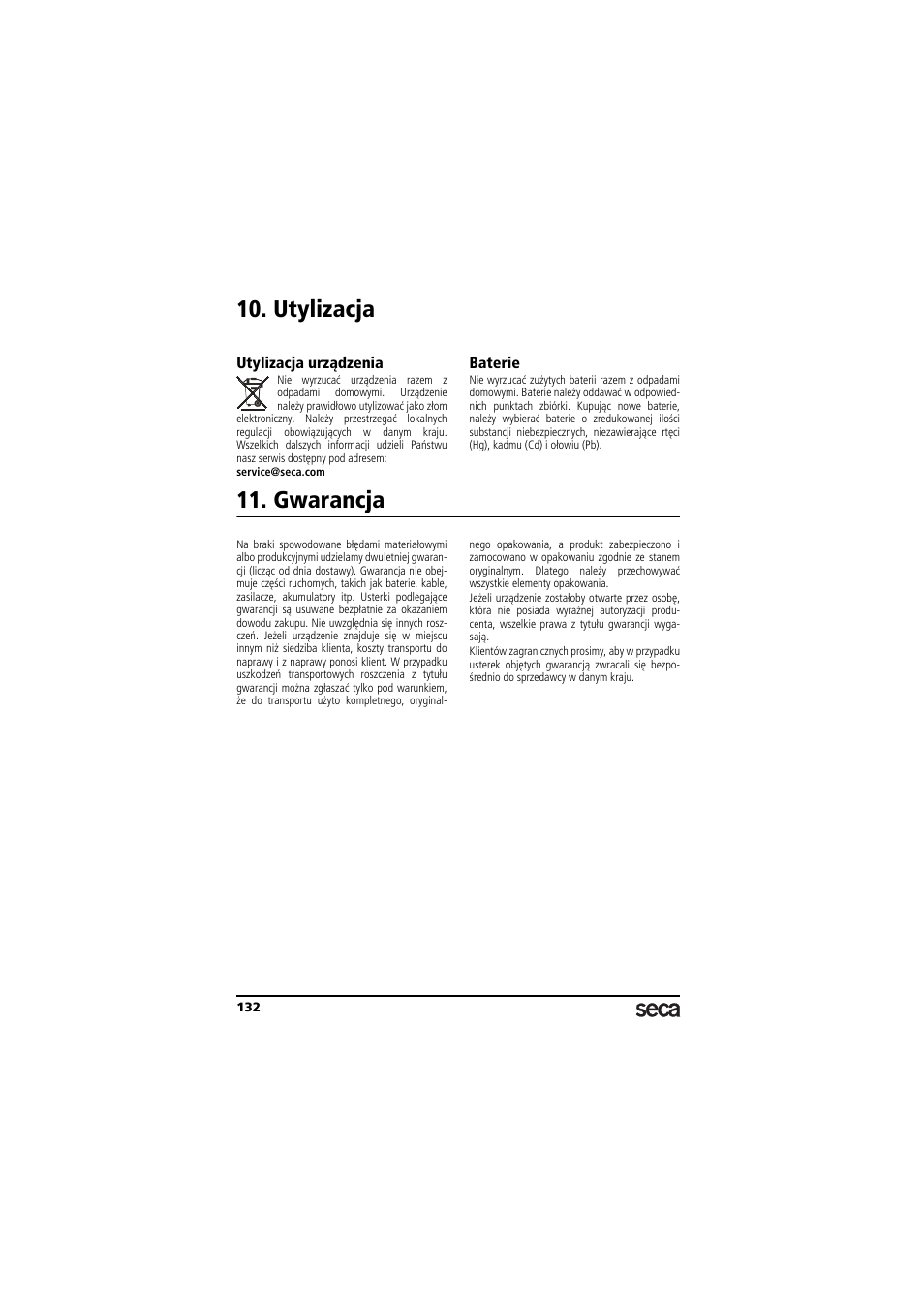 Utylizacja, Utylizacja urządzenia, Baterie | Gwarancja | Seca 956 User Manual | Page 132 / 136
