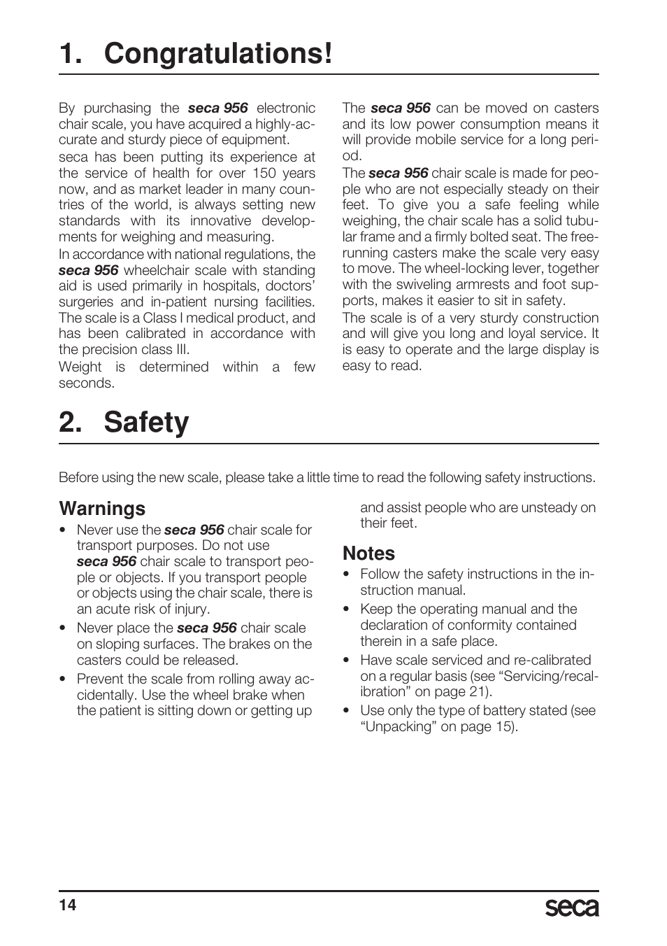 Congratulations, Safety, Warnings | Notes | Seca 956 User Manual | Page 14 / 136