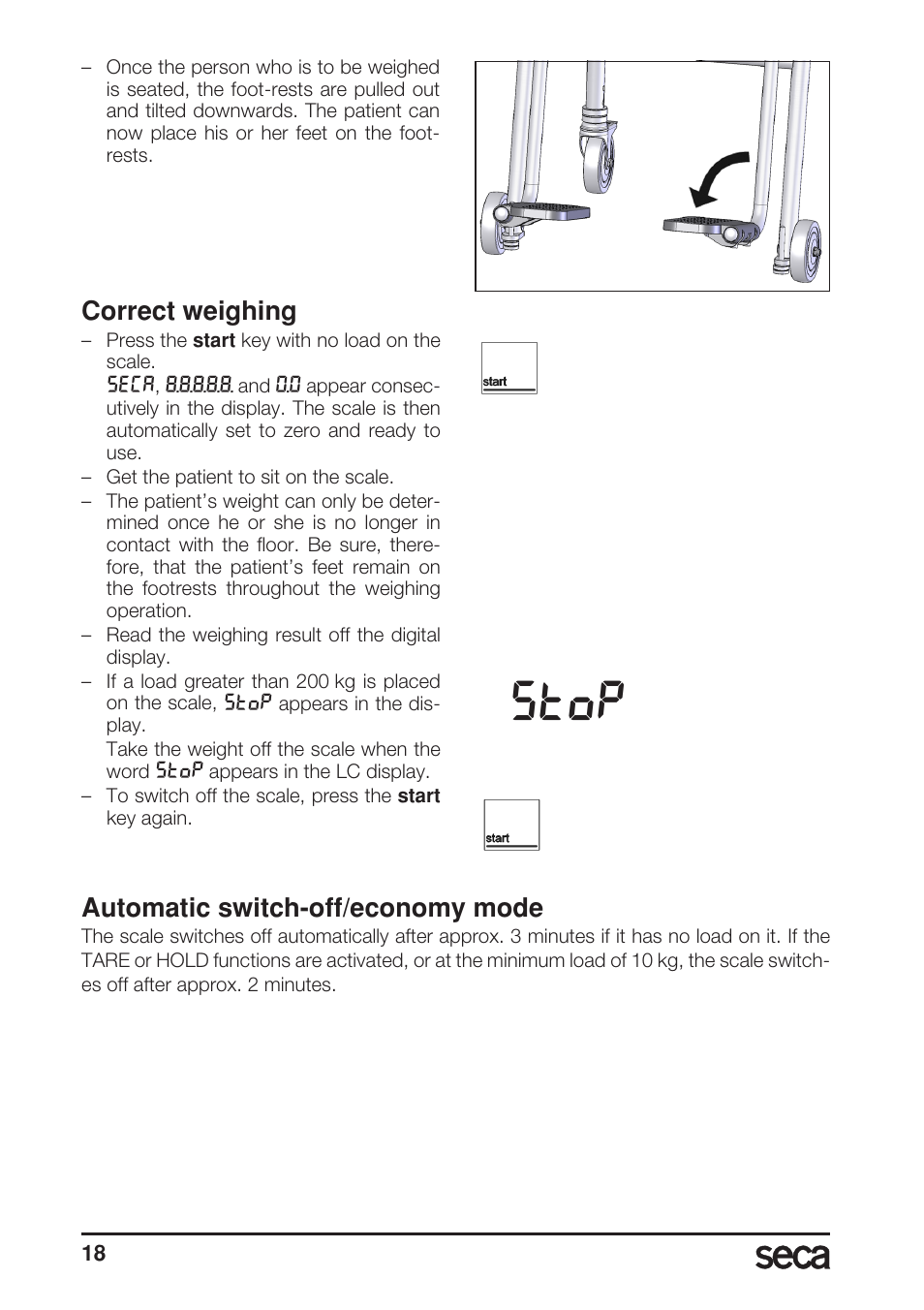 Correct weighing, Automatic switch-off/economy mode, Stop | Seca 956 User Manual | Page 18 / 136