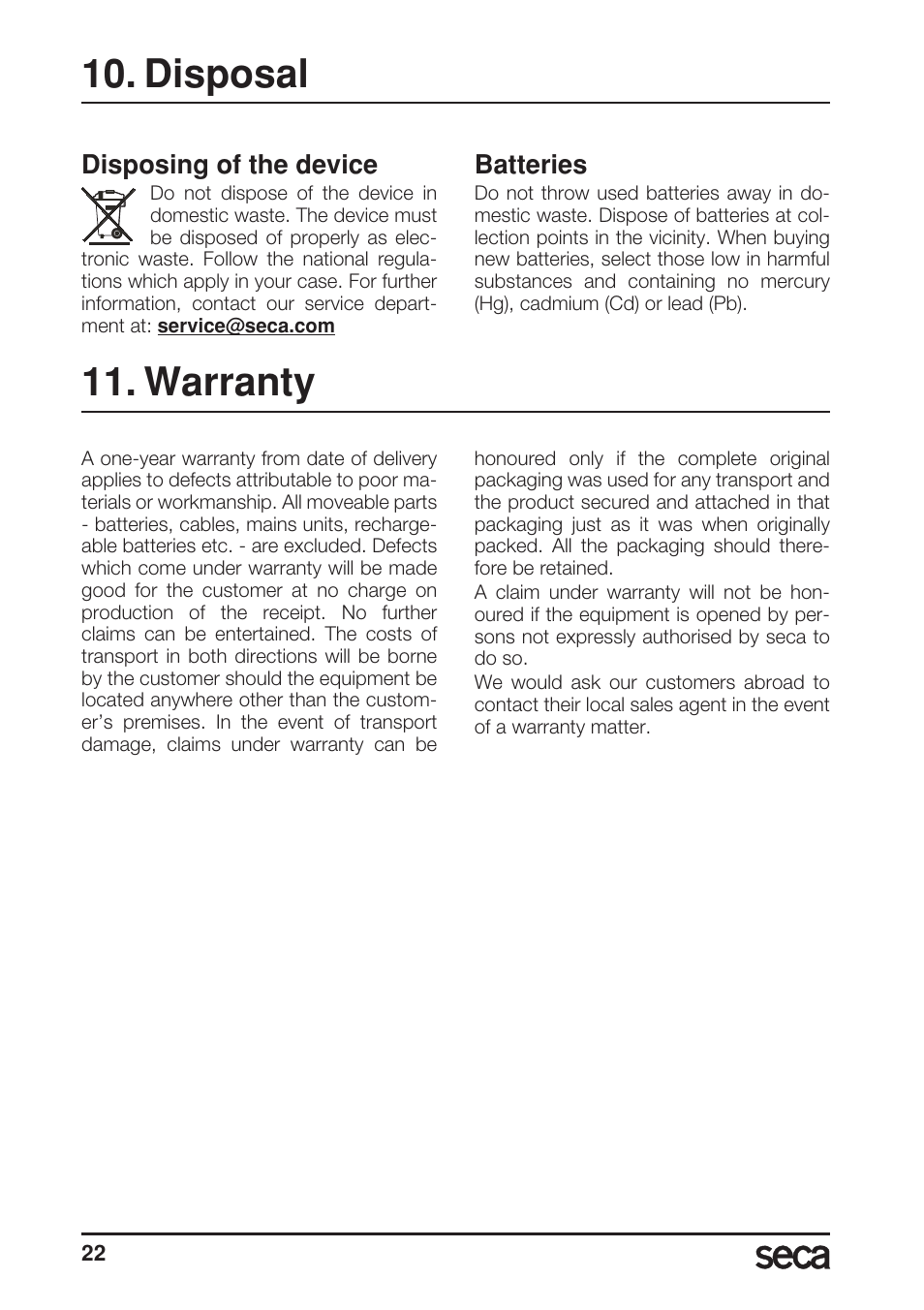 Disposal, Disposing of the device, Batteries | Warranty | Seca 956 User Manual | Page 22 / 136