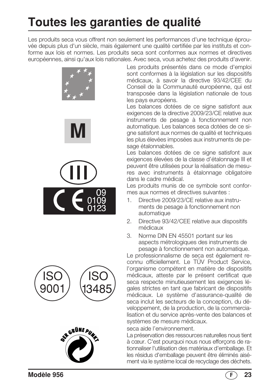 Français, Toutes les garanties de qualité | Seca 956 User Manual | Page 23 / 136