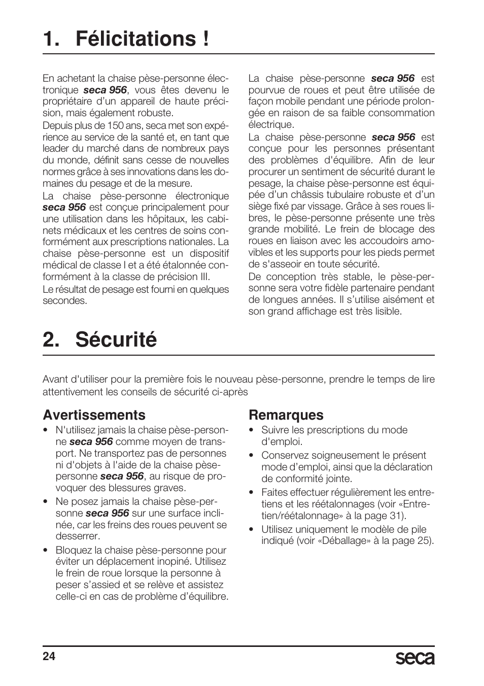 Félicitations, Sécurité, Avertissements | Remarques | Seca 956 User Manual | Page 24 / 136