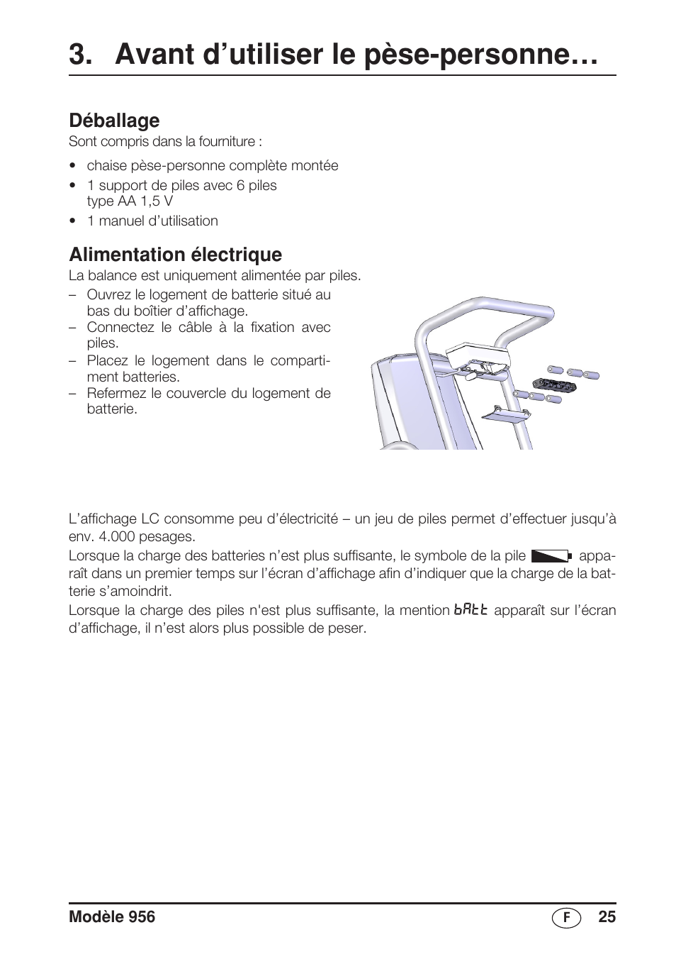 Avant d’utiliser le pèse-personne, Déballage, Alimentation électrique | Seca 956 User Manual | Page 25 / 136