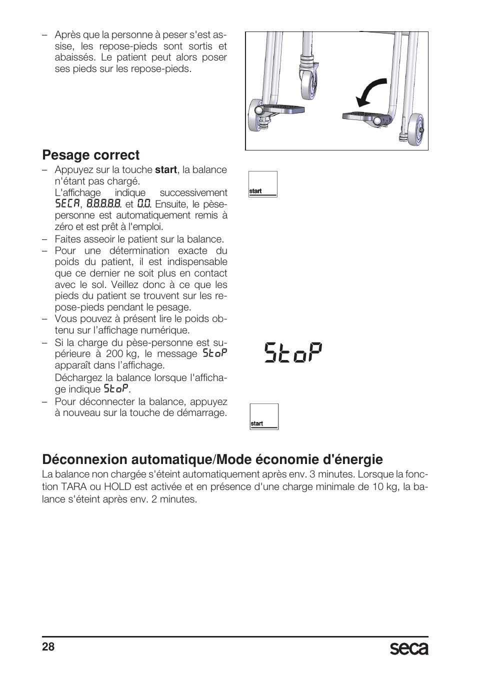 Pesage correct, Stop, Déconnexion automatique/mode économie d'énergie | Seca 956 User Manual | Page 28 / 136