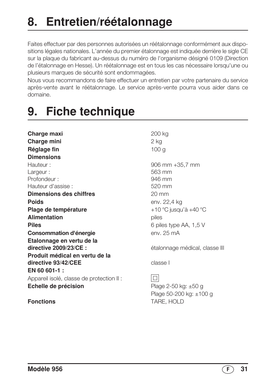 Entretien/réétalonnage, Fiche technique | Seca 956 User Manual | Page 31 / 136