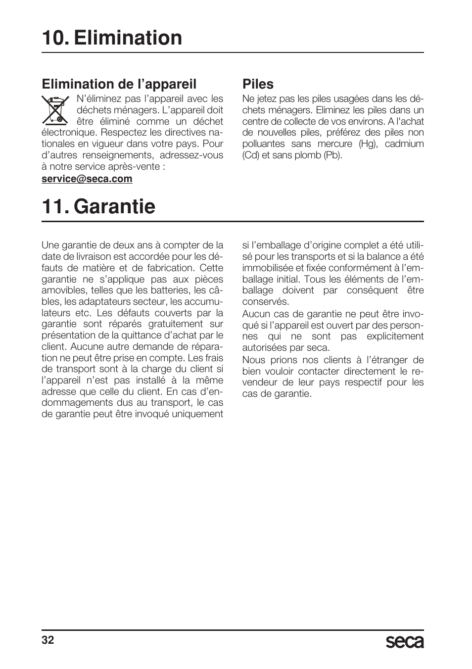 Elimination, Elimination de l’appareil, Piles | Garantie | Seca 956 User Manual | Page 32 / 136