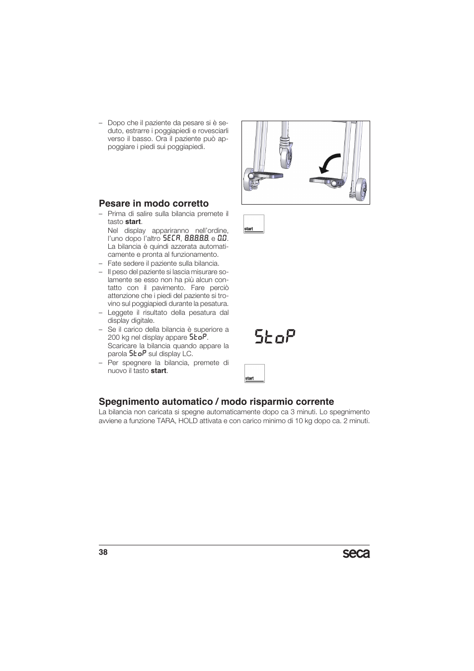 Pesare in modo corretto, Stop, Spegnimento automatico / modo risparmio corrente | Seca 956 User Manual | Page 38 / 136