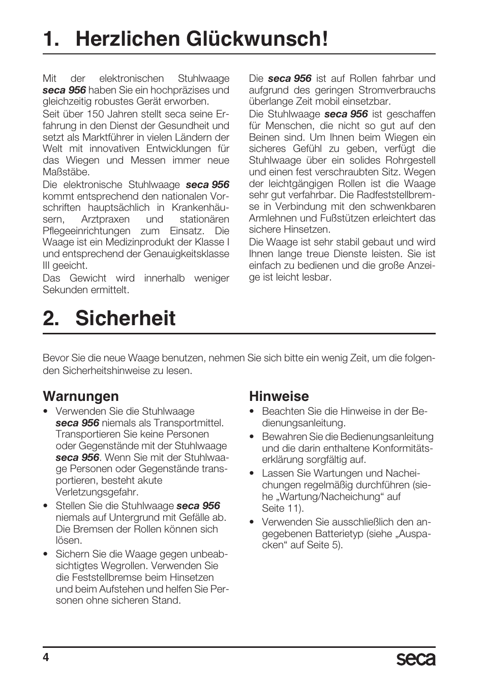 Herzlichen glückwunsch, Sicherheit, Warnungen | Hinweise | Seca 956 User Manual | Page 4 / 136