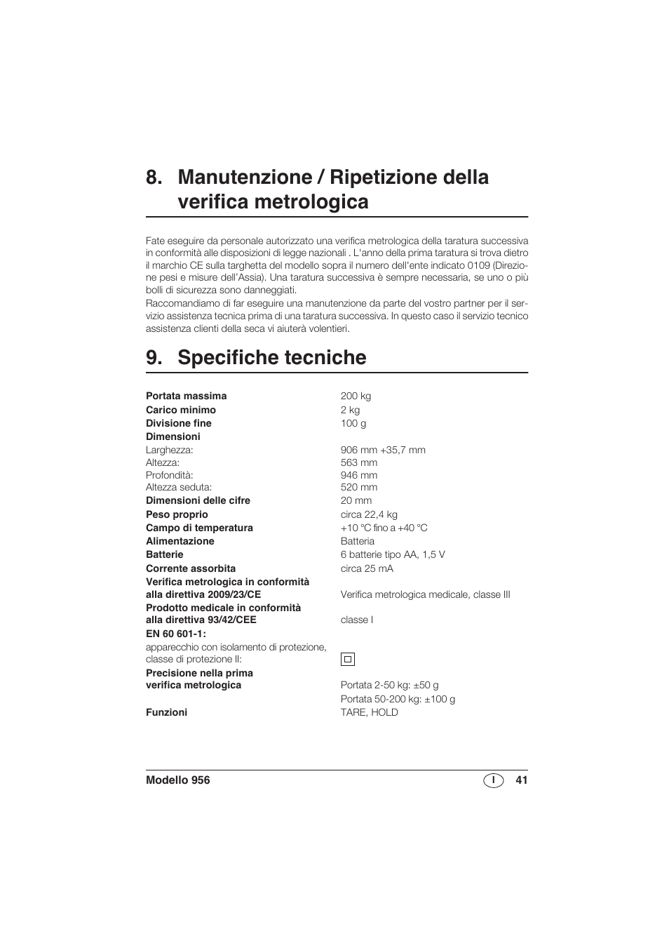 Specifiche tecniche | Seca 956 User Manual | Page 41 / 136