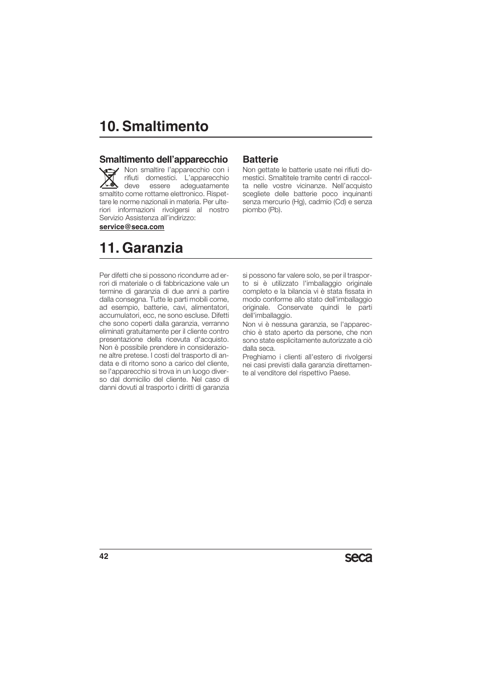 Smaltimento, Smaltimento dell’apparecchio, Batterie | Garanzia | Seca 956 User Manual | Page 42 / 136