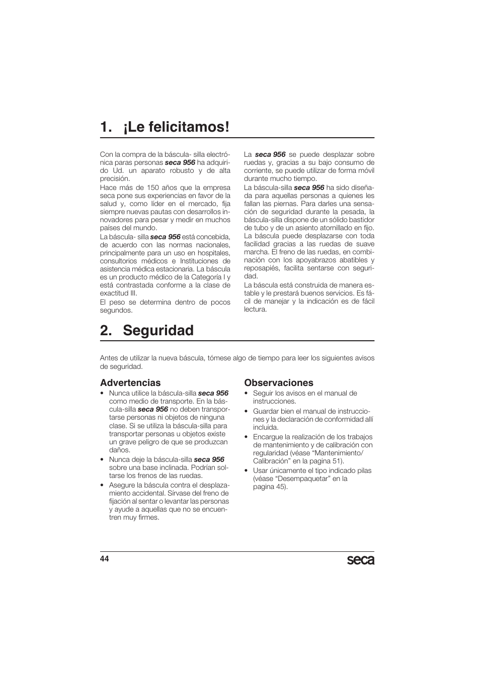 ¡le felicitamos, Seguridad, Advertencias | Observaciones | Seca 956 User Manual | Page 44 / 136