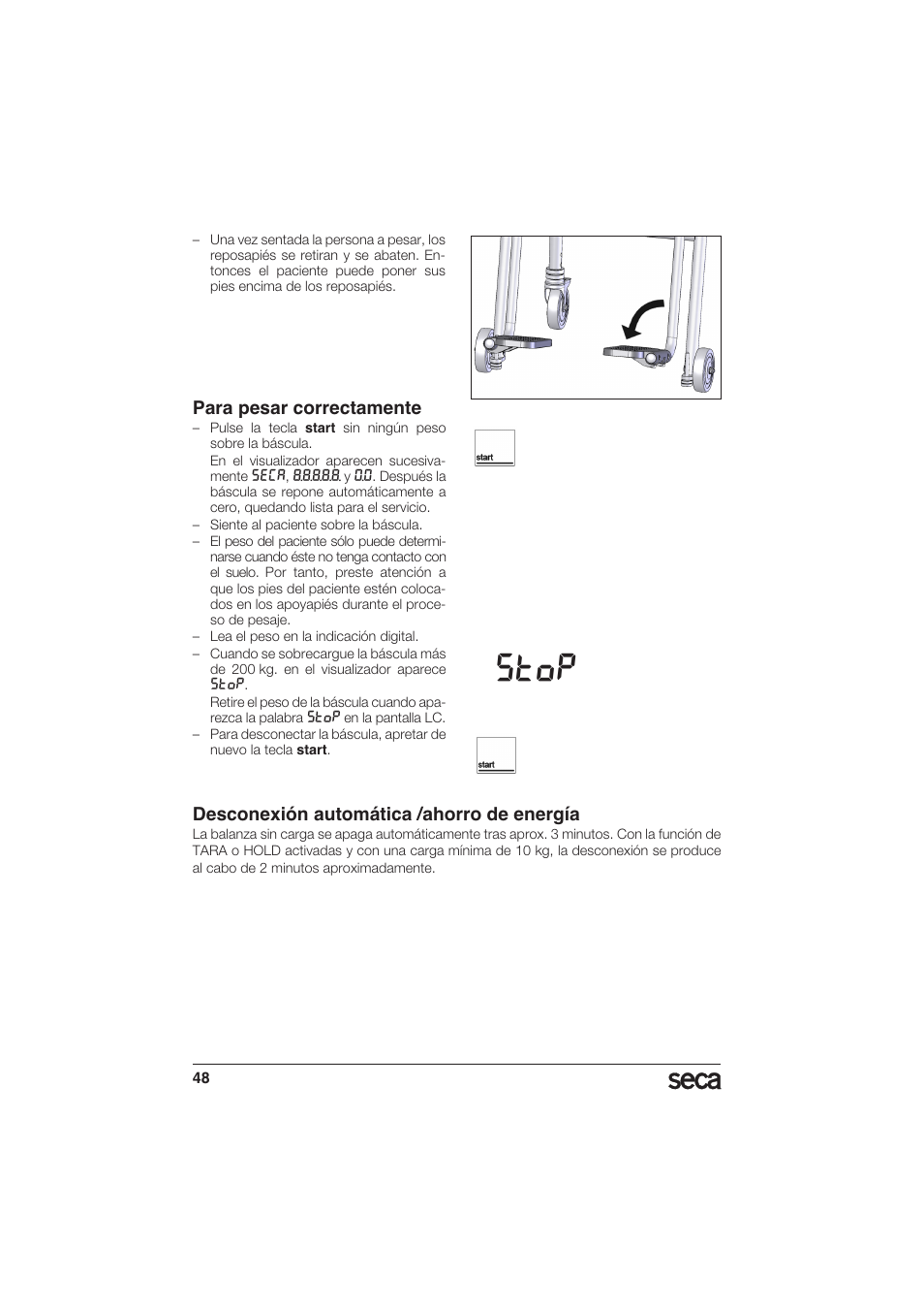 Para pesar correctamente, Stop, Desconexión automática /ahorro de energía | Seca 956 User Manual | Page 48 / 136