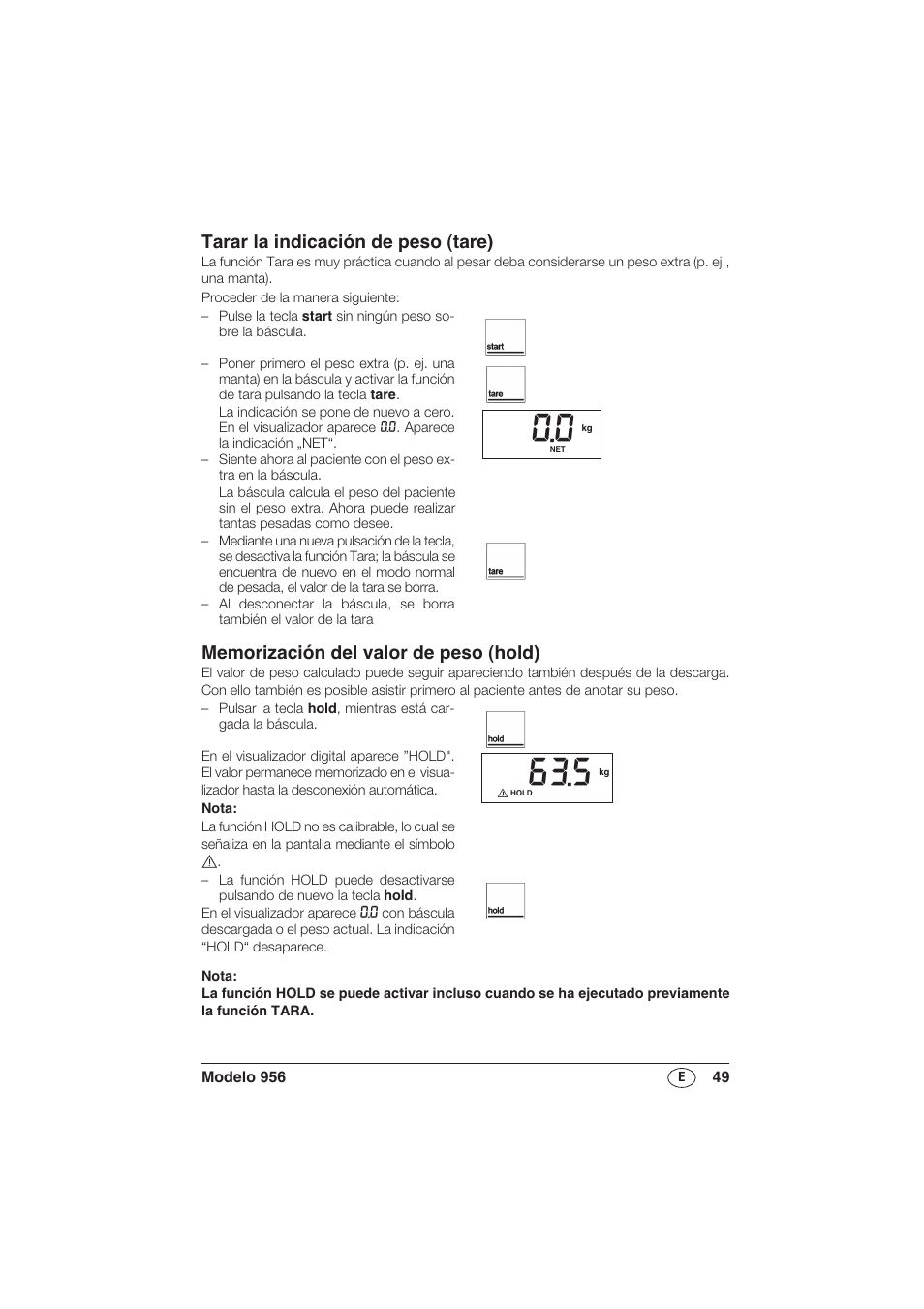 Tarar la indicación de peso (tare), Memorización del valor de peso (hold) | Seca 956 User Manual | Page 49 / 136