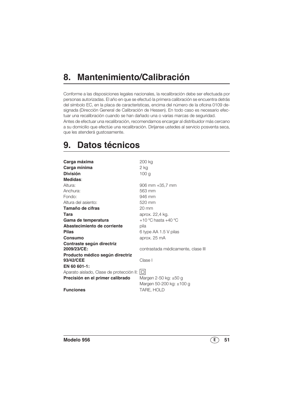 Mantenimiento/calibración, Datos técnicos | Seca 956 User Manual | Page 51 / 136